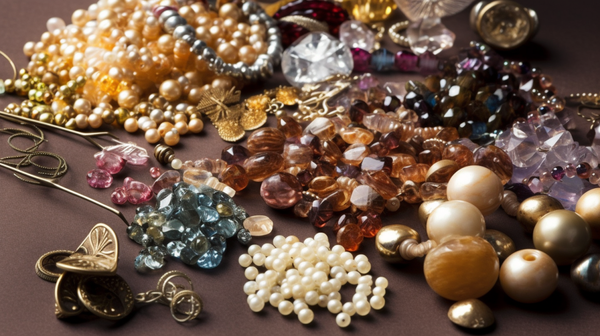 An array of jewelry making materials, including gold, silver, gemstones, and beads, displayed on a neutral background.