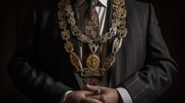 A richly detailed mayoral chain draped over a ceremonial robe, symbolizing the authority and responsibilities of the city's mayor.