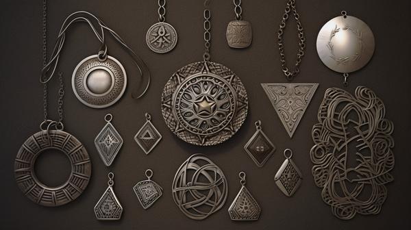 A collection of modern jewelry pieces inspired by traditional amulet designs, featuring geometric patterns and animal motifs.