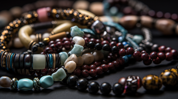 Collection of modern bead jewellery featuring a variety of colors, styles, and materials.