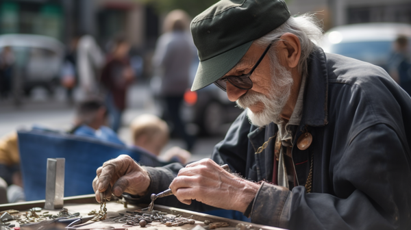 modern jeweler on a busy sidewalk of a city, crafting jewelry with a pair of pliers and wire