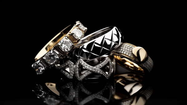 A high-contrast shot of modern luxury jewellery from high-end brands, highlighting the intricate designs and superior quality.