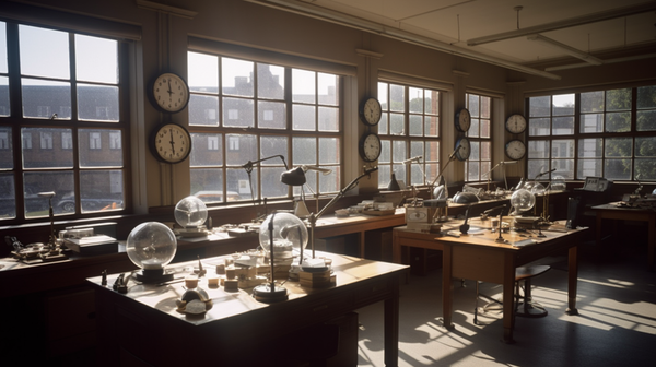 Spacious horology workshop bathed in warm, natural light from east-facing windows and skylight.