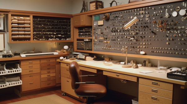 An efficiently organized horologist's workspace with pegboards, labeled containers, and storage units.