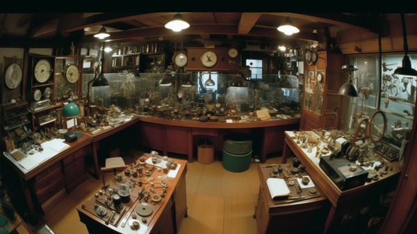 A wide-angle view of a well-organized horologist's workshop.