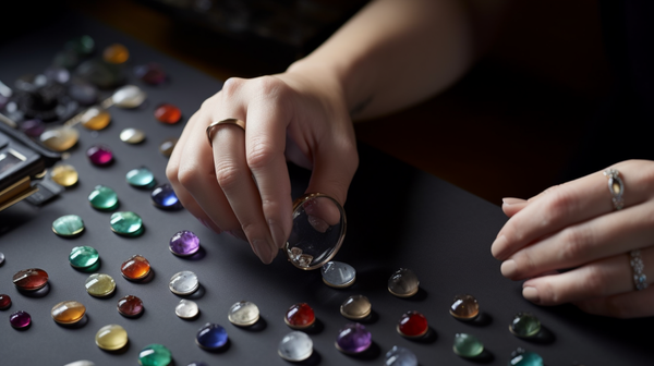 "An attentive buyer closely examining a piece of gemstone jewelry.