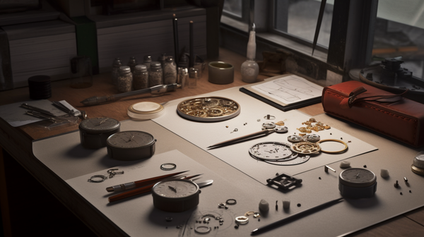 Unique elements personalizing a horologist's workspace, adding inspiration and individuality.