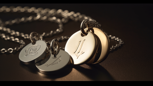 Personalized jewelry pieces with initials and names engraved, showcased on a textured background.