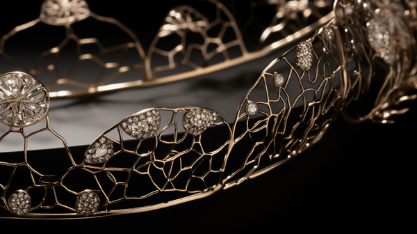 Close-up of a contemporary jewellery piece with design elements symbolizing commentary on modern life.