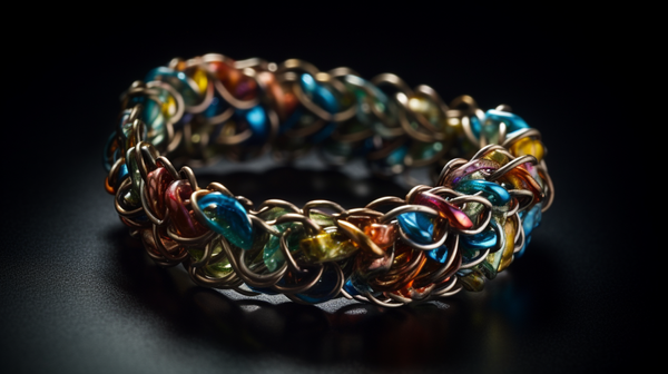 Close-up of a contemporary jewellery piece crafted from non-traditional materials like plastic, showcasing unique textures and colours.