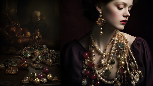An opulent collection of Renaissance-inspired jewellery pieces featuring pearls, enamels, and precious gemstones set against a luxurious velvet backdrop