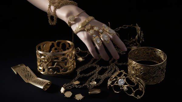 A collection of visually striking jewellery pieces including oversized rings, heavy earrings, tight arm cuffs, and large body chains