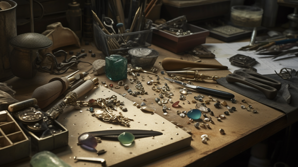 An assortment of jewellery materials and tools displayed on a workbench, showcasing the diverse range of components used in the design process