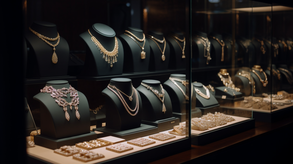 An array of commercial jewellery displayed in a store, featuring various styles and designs.