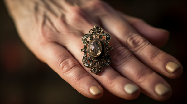 Hand holding a vintage ring, representing a cherished family heirloom with a rich history.