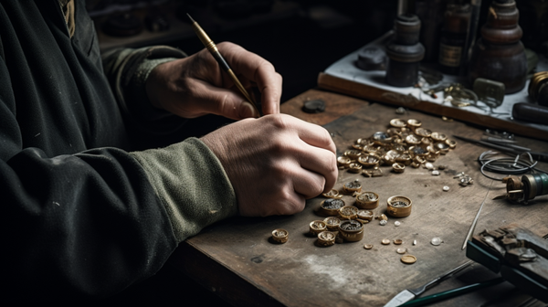 Jeweller at workbench, using tools and materials to create a unique piece of jewellery
