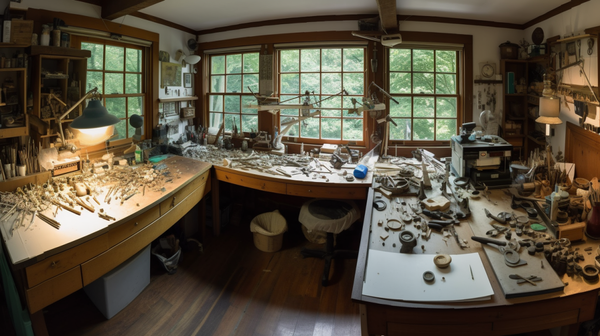 large, well-organized jeweler's workshop in a rural setting