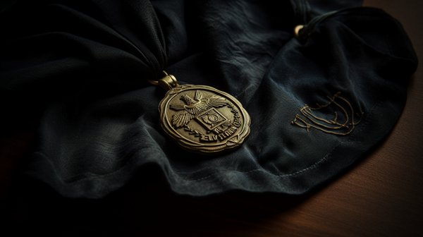 Top-down view of a shiny service medal resting on a plush, dark velvet fabric.