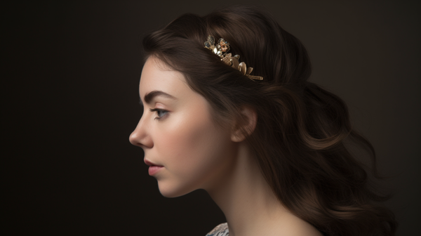 model wearing a piece of front-facing clip jewelry hair clip