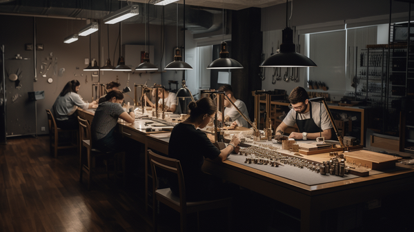 Modern jewelry workshop with professionals working on various tasks