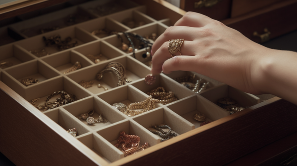 A hand selecting a piece of jewelry from an array of diverse choices in a jewelry box.