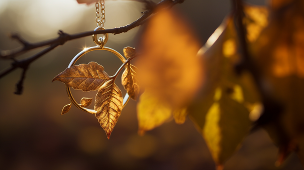 An elegant piece of jewelry with a floral or leaf motif, presented in a beautiful natural setting, symbolizing connection with life and nature.