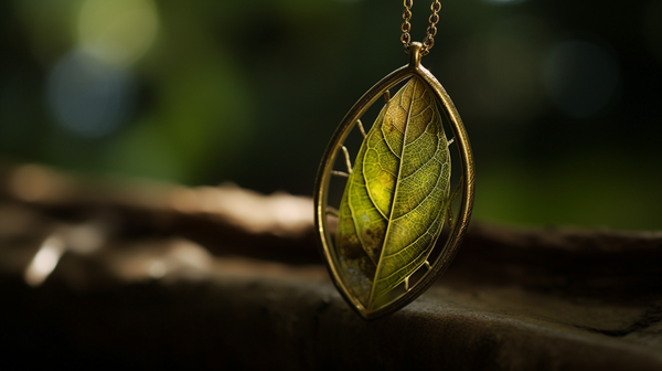 A naturalistic leaf pendant necklace resting on a bed of moss, highlighting its detailed design and organic feel.
