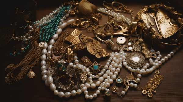 Diverse array of jewelry pieces on a table, each reflecting different styles, cultures, and beliefs.