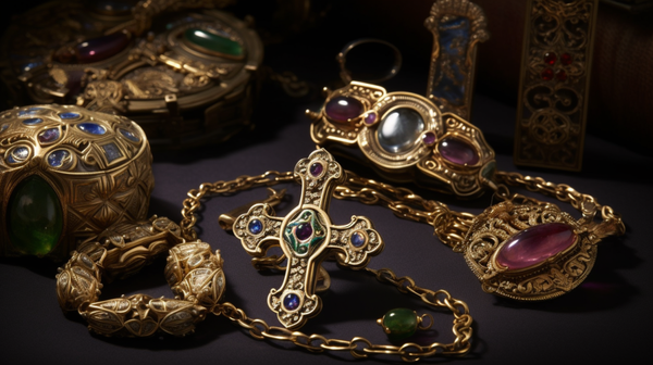 Contrast between religious-themed Middle Ages jewelry and gem-encrusted, intricate Renaissance pieces.
