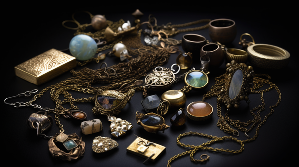Selection of jewellery pieces made from a diverse array of materials, including traditional precious metals and gemstones, as well as unconventional materials like plastic and glass.