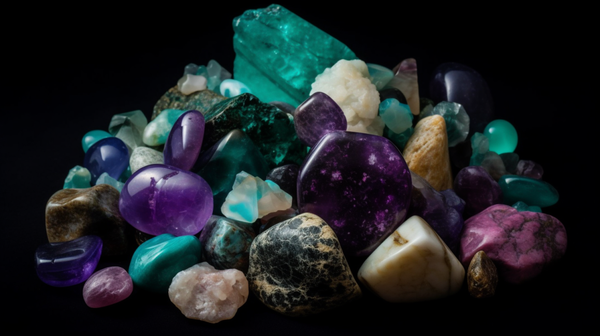 A variety of precious and semi-precious stones, including amethyst, turquoise, jade, and quartz, used in amulet creation.