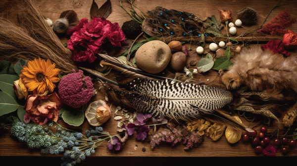Colorful display of natural materials used in traditional ornaments, including vibrant flowers, textured leaves, shiny beetle wing covers, and delicate bird feathers.