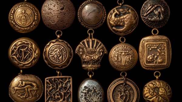 A collection of metal amulets in gold, silver, and copper, showcasing their diverse textures and sheens.