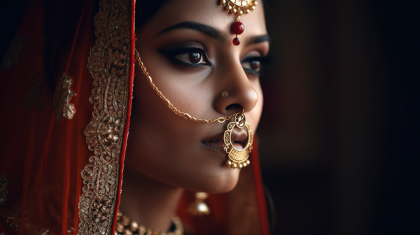 An Indian bride in her traditional bridal attire, with a prominent gold nose ring symbolizing her marital status.