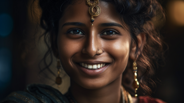 Close-up of an Indian woman wearing a traditional nose ring, symbolizing her marital status, with the focus on the intricate design of the nose ring.