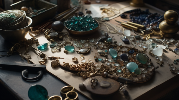 A variety of traditional and unconventional jewellery making materials displayed on a crafting table, illustrating the diverse options in contemporary jewellery design.