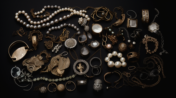  earrings, necklaces, bracelets, rings - laid out on a surface