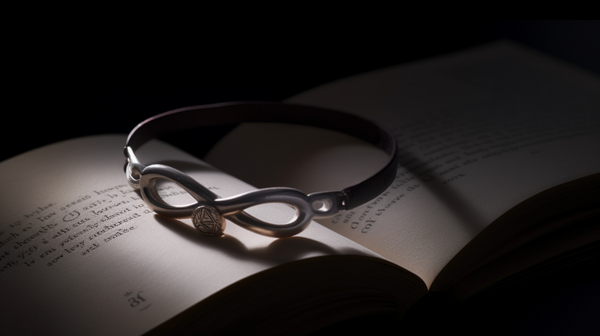 Infinity symbol bracelet, representing endlessness, worn on a wrist against the backdrop of a mathematics book discussing infinity.