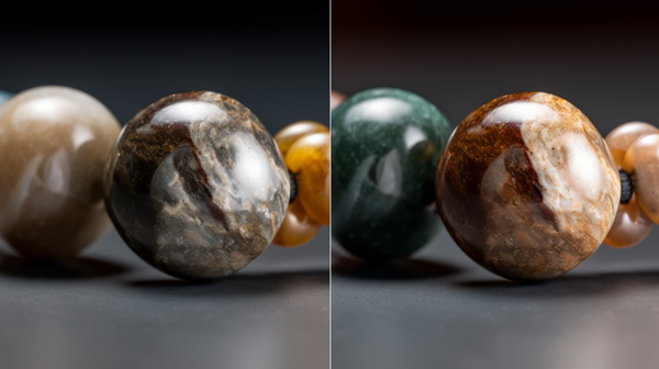 Side by side comparison of a raw stone and a polished bead, showcasing the transformation in the process of creating man-made mineral ornaments.