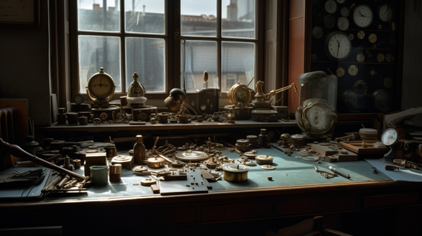 Horologist working at a hand-work bench illuminated by morning light from an east-facing window