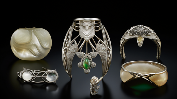 Iconic pieces of jewelry from renowned jewelers René Lalique, Carl Fabergé, and Georg Jensen, demonstrating their unique styles and masterful craftsmanship.