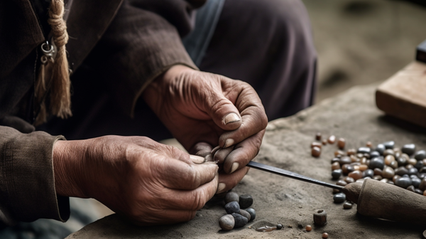 Hands of an artisan skillfully using a bow drill to make a hole in a small stone, showcasing the traditional method of bead-making.