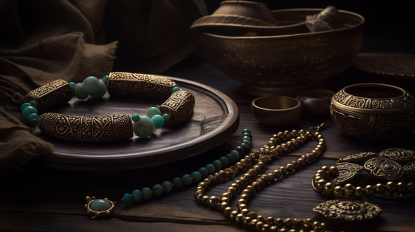 A collection of traditional ethnic and handmade Western-oriented jewellery pieces, highlighting their unique finishes and textures