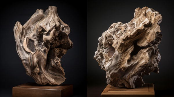 pieces side by side, one showcasing artful contrivance and the other exhibiting the use of natural elements.