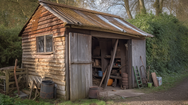 a wooden lean-to structure that might have been used as a horologist's workshop in the past.