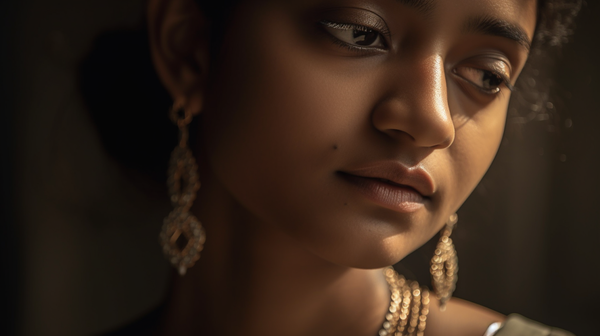  Portrait of a person looking thoughtful, wearing a meaningful piece of jewelry.