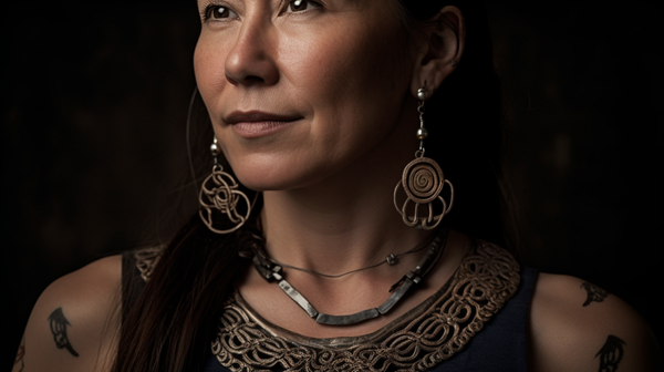 Close-up portrait of a woman adorned with a culturally symbolic necklace, representing personal identity and heritage.