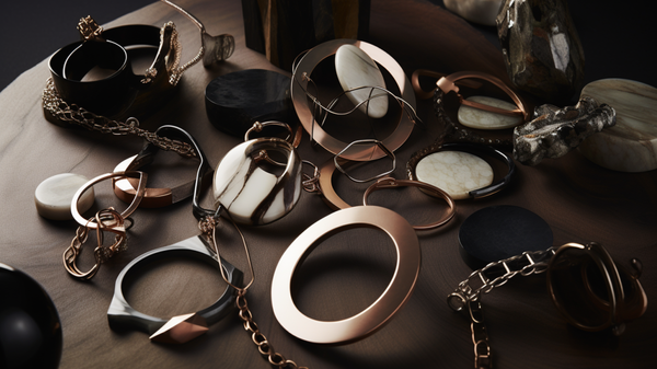 An eclectic collection of contemporary jewellery pieces displaying various styles, materials, and techniques.
