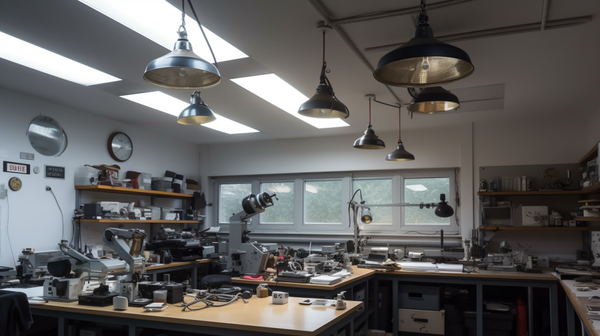 Lighting and temperature control solutions in a horologist's workshop, including windows for natural light, adjustable task lights, and a ventilation system.