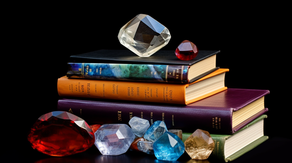 A collection of recommended books about gemstones and gemmology with a digital educational resource in the background.